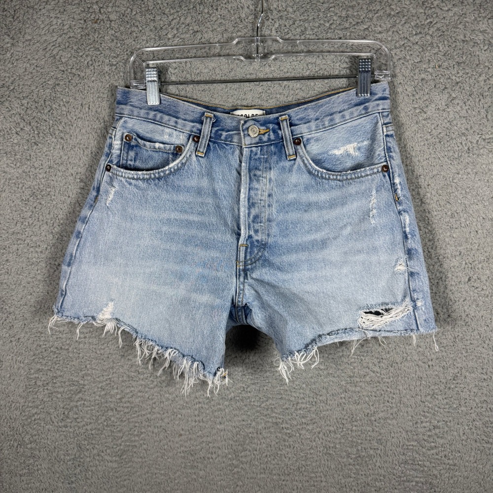 AGOLDE Parker Long Distressed Denim Shorts Light Wash Blue Size 27 A9010-811